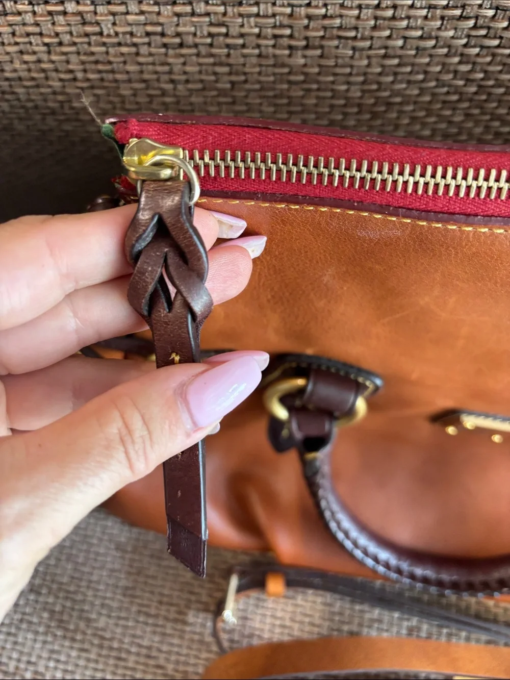 Dooney & Bourke Natural Stanwich Leather Satchel with Dark Brown trim gold HW
